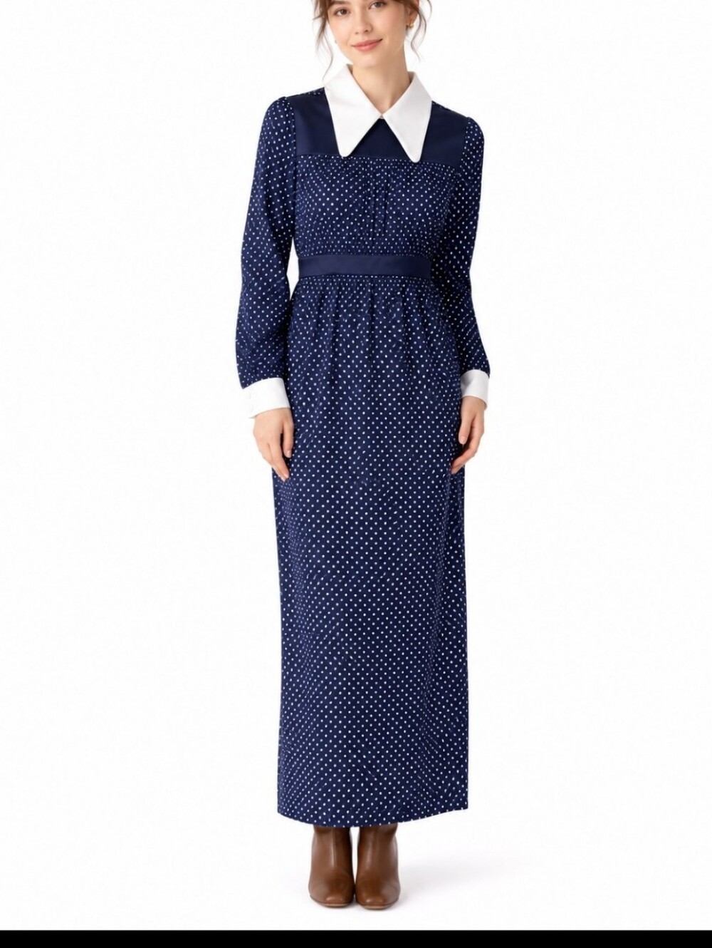 Vintage Navy Polka Dot Prairie Maxi Dress with White Peter Pan Collar Tie Back M